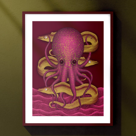 Handmade screen printing 24x30cm - Plum Octopus