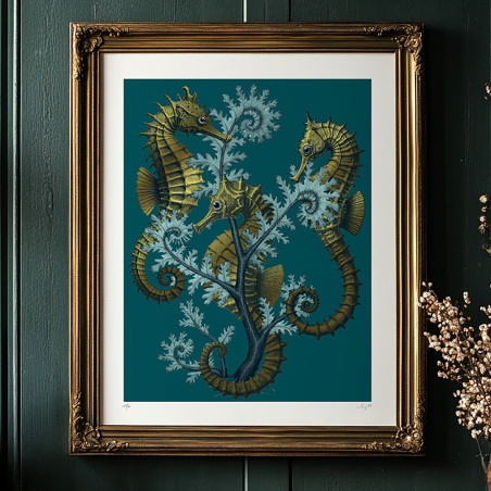 Handmade screen printing 24x30cm - Golden Seahorses